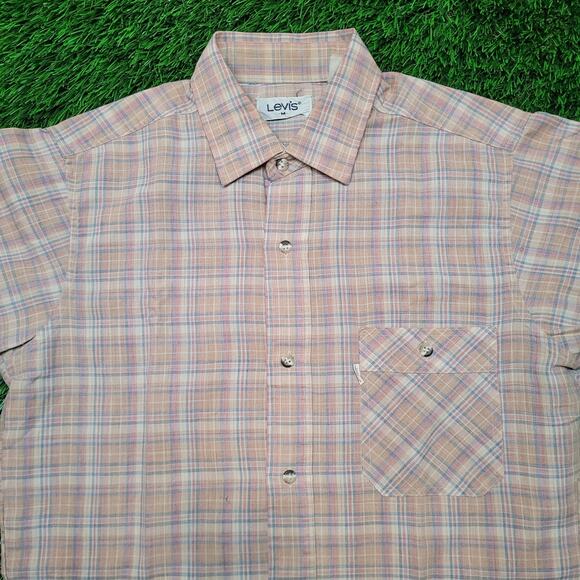 Vintage 70s Levi's Plaid Short Sleeve Shirt Mens Small (Tagged M) Pastel - Picture 2 of 7